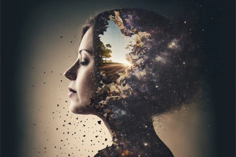 Imagen surrealista del universo dentro de la mente de una mujer, representando el subconsciente y la repetición de patrones en las relaciones de pareja.