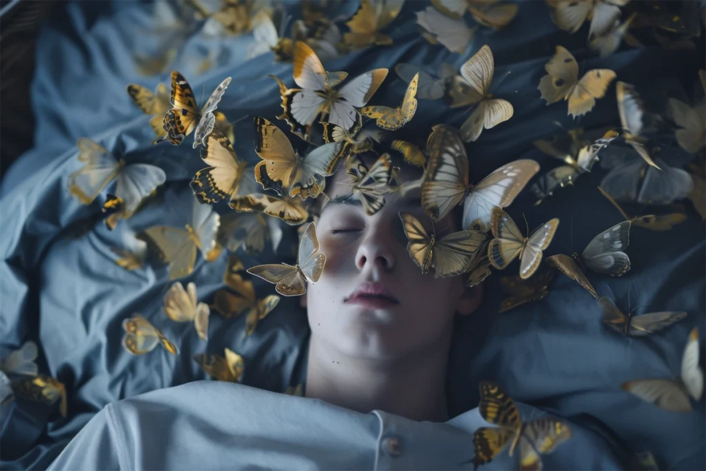 Mujer en estado de relajación profunda rodeada de mariposas amarillas, simbolizando la paz y la transformación durante una sesión de hipnoterapia clínica.