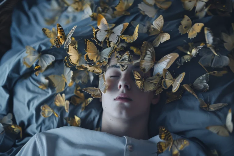 Mujer en estado de relajación profunda rodeada de mariposas amarillas, simbolizando la paz y la transformación durante una sesión de hipnoterapia clínica.