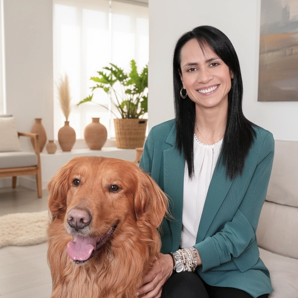 Paula Jiménez sonriendo junto a su perro en un ambiente acogedor, transmitiendo la seguridad y naturalidad de la hipnoterapia clínica.