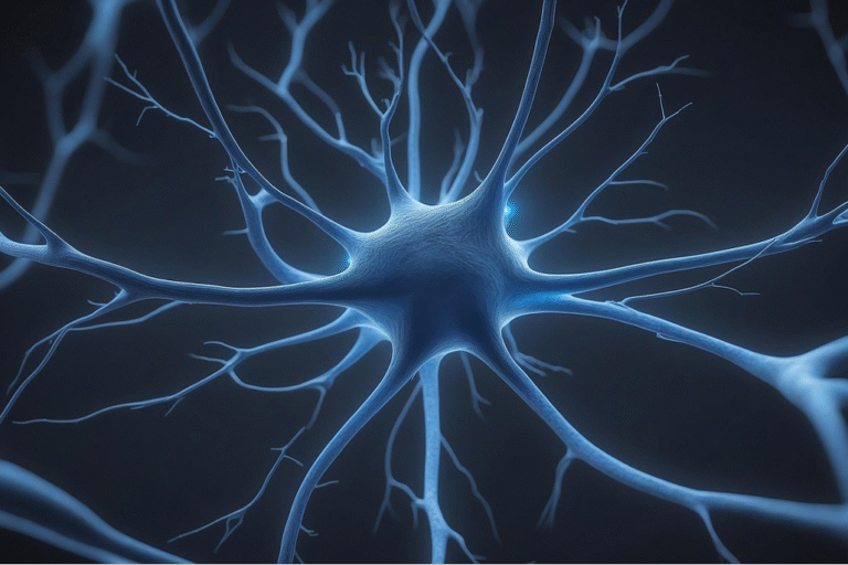 Representación visual de una neurona activa creando nuevas conexiones sinápticas para ilustrar la neuroplasticidad y el cambio de hábitos.