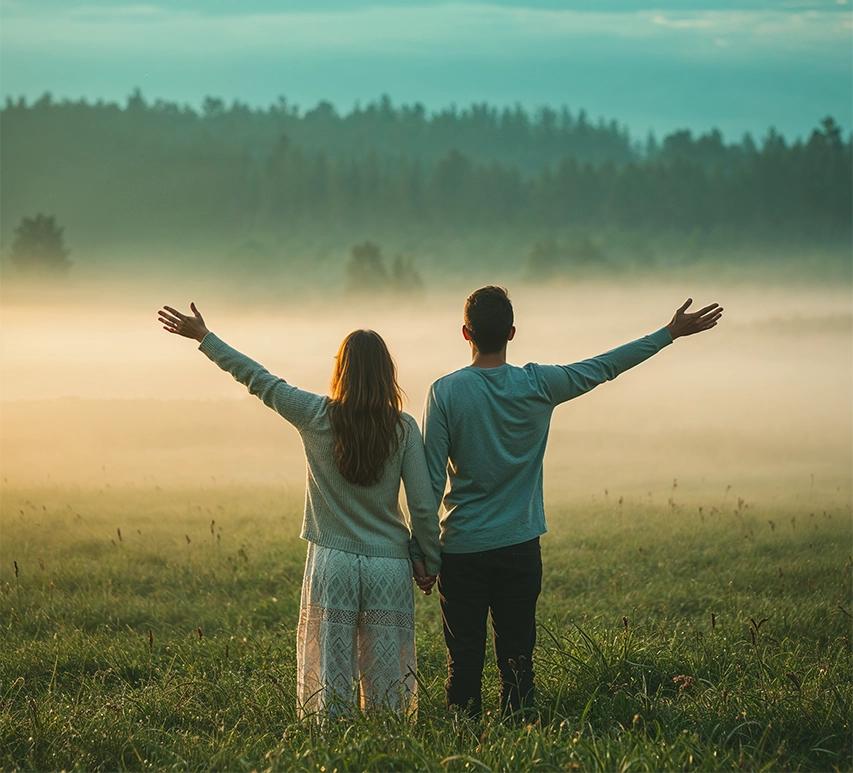 Couple holding hands looking at a misty landscape, representing emotional connection and relationship healing.
