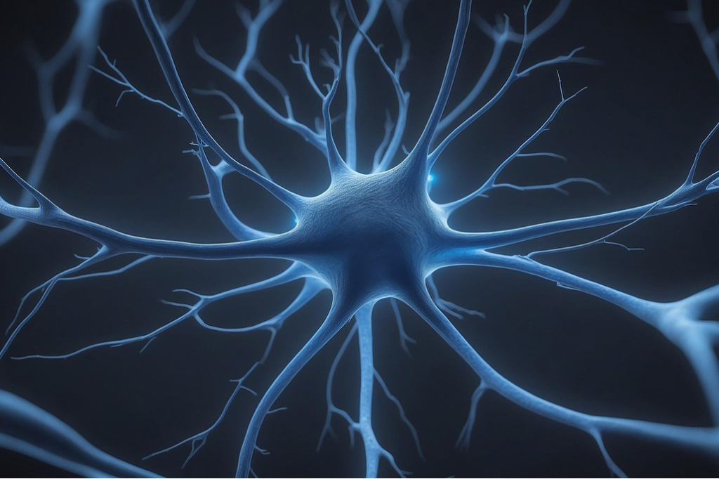 Glowing blue brain synapse representing neuroplasticity and the creation of new neural pathways for mental calm.