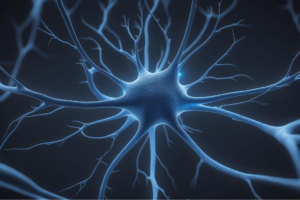 Glowing blue brain synapse representing neuroplasticity and the creation of new neural pathways for mental calm.