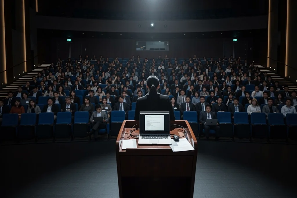 Person confidently speaking on stage, representing the overcoming of public speaking anxiety.