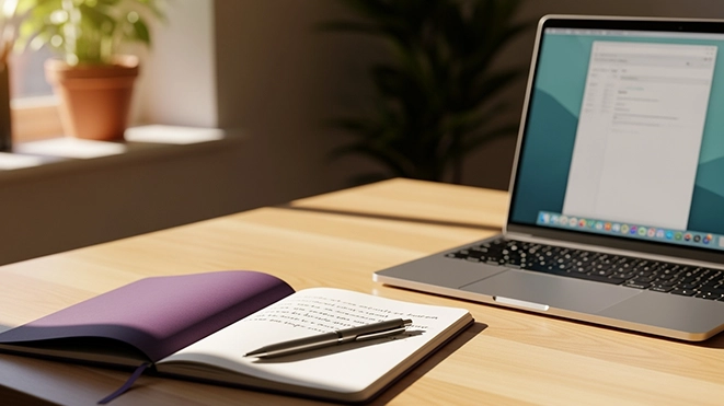 Workspace with a laptop and notebook, representing the design of a custom healing path for hypnotherapy.