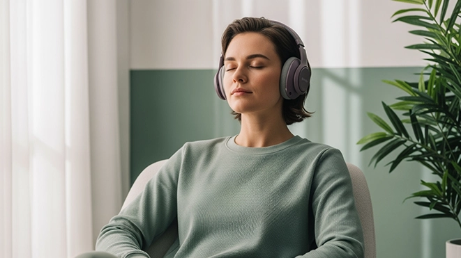 Woman with headphones participating in an online therapeutic hypnosis session to start her transformation.