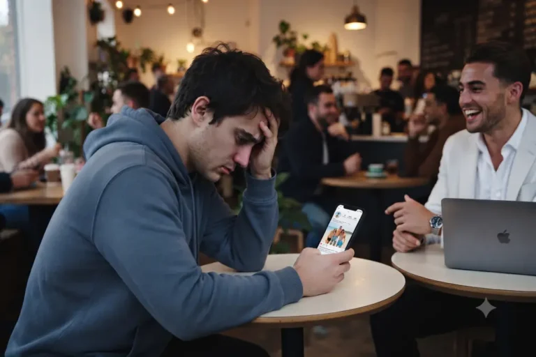 Hombre observa redes sociales mientras experimenta comparación constante con los demás en una cafetería.