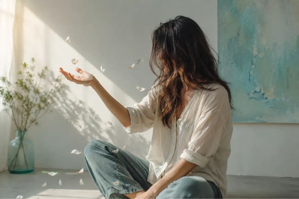 Seated woman releases feathers from her hand, symbolizing letting go of what no longer works.