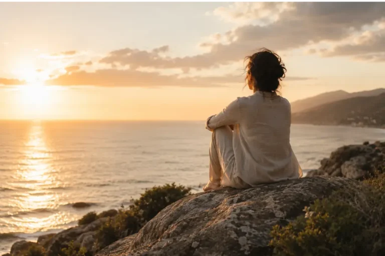 Persona contemplando el mar al atardecer mientras reflexiona sobre por qué siente que ya no sabe quién es.